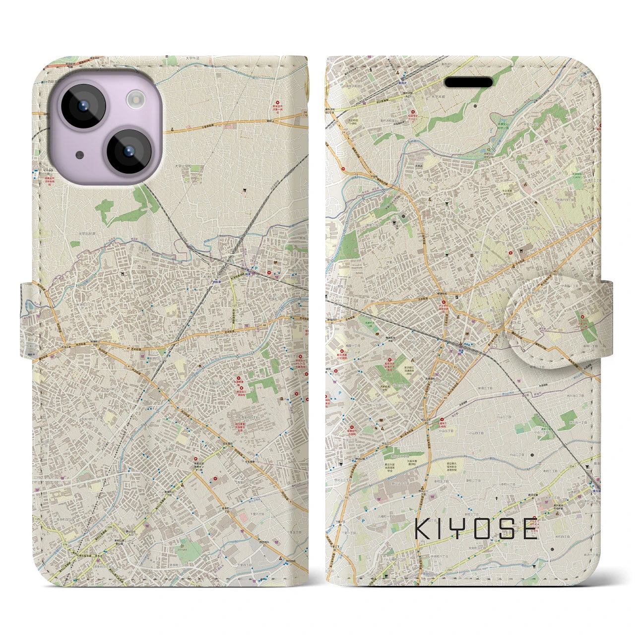 【清瀬】地図柄iPhoneケース（手帳両面タイプ・ナチュラル）iPhone 14 用