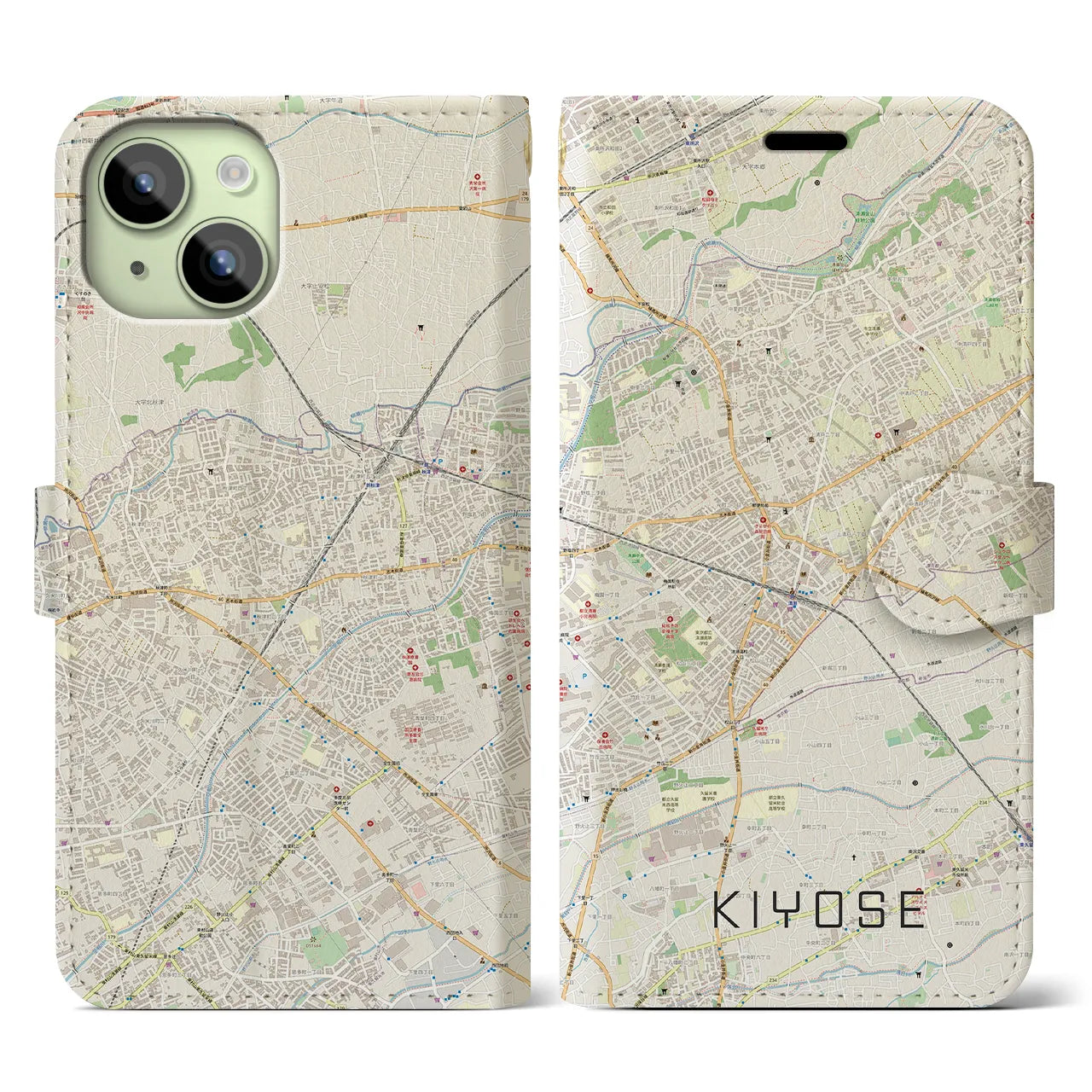 【清瀬】地図柄iPhoneケース（手帳両面タイプ・ナチュラル）iPhone 15 用