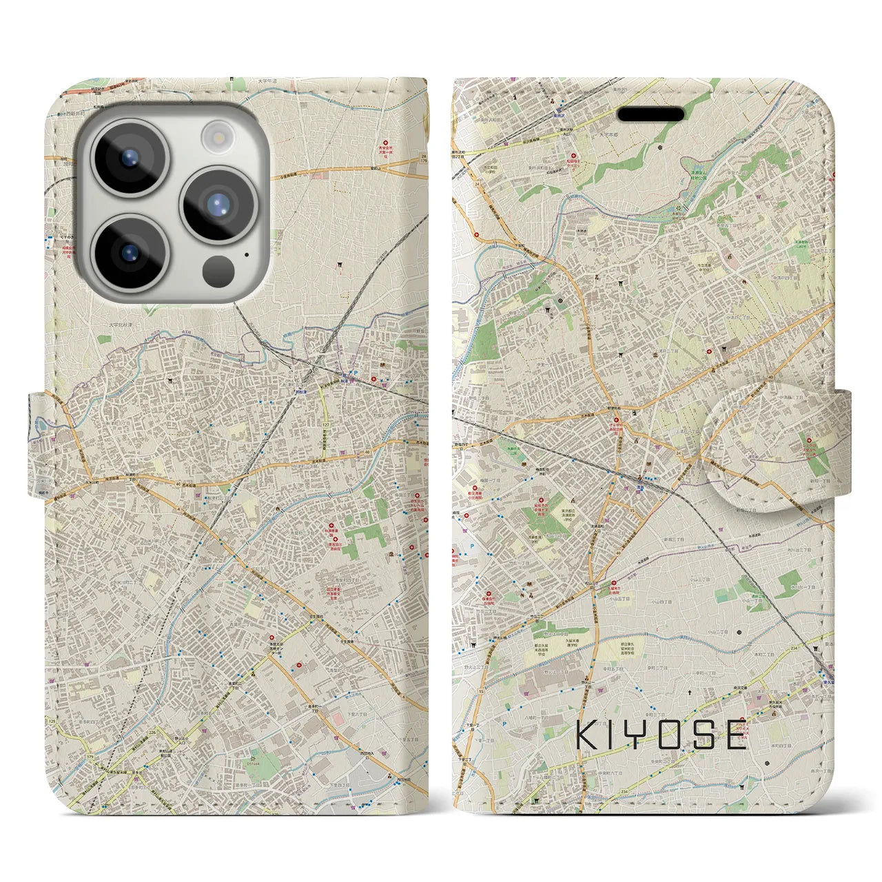 【清瀬】地図柄iPhoneケース（手帳両面タイプ・ナチュラル）iPhone 15 Pro 用