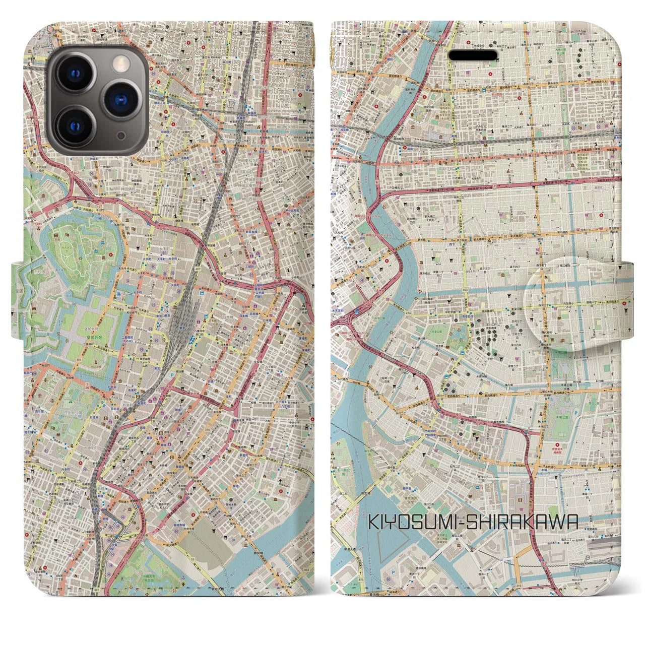【清澄白河】地図柄iPhoneケース（手帳両面タイプ・ナチュラル）iPhone 11 Pro Max 用