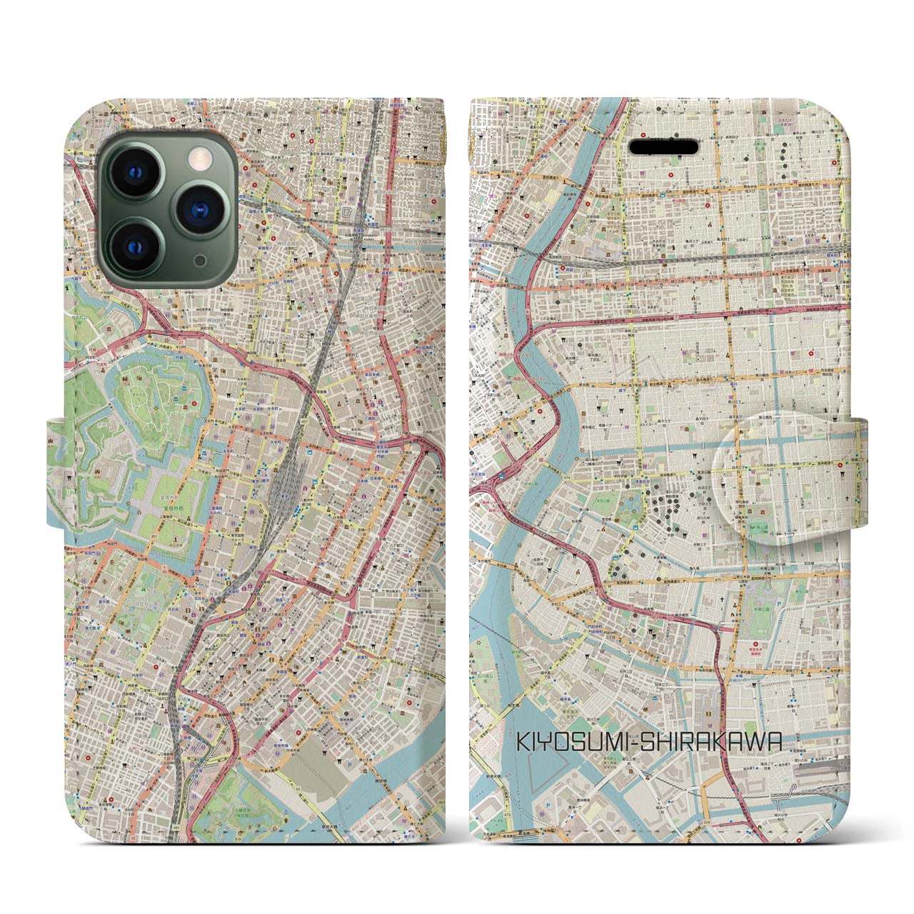 【清澄白河】地図柄iPhoneケース（手帳両面タイプ・ナチュラル）iPhone 11 Pro 用