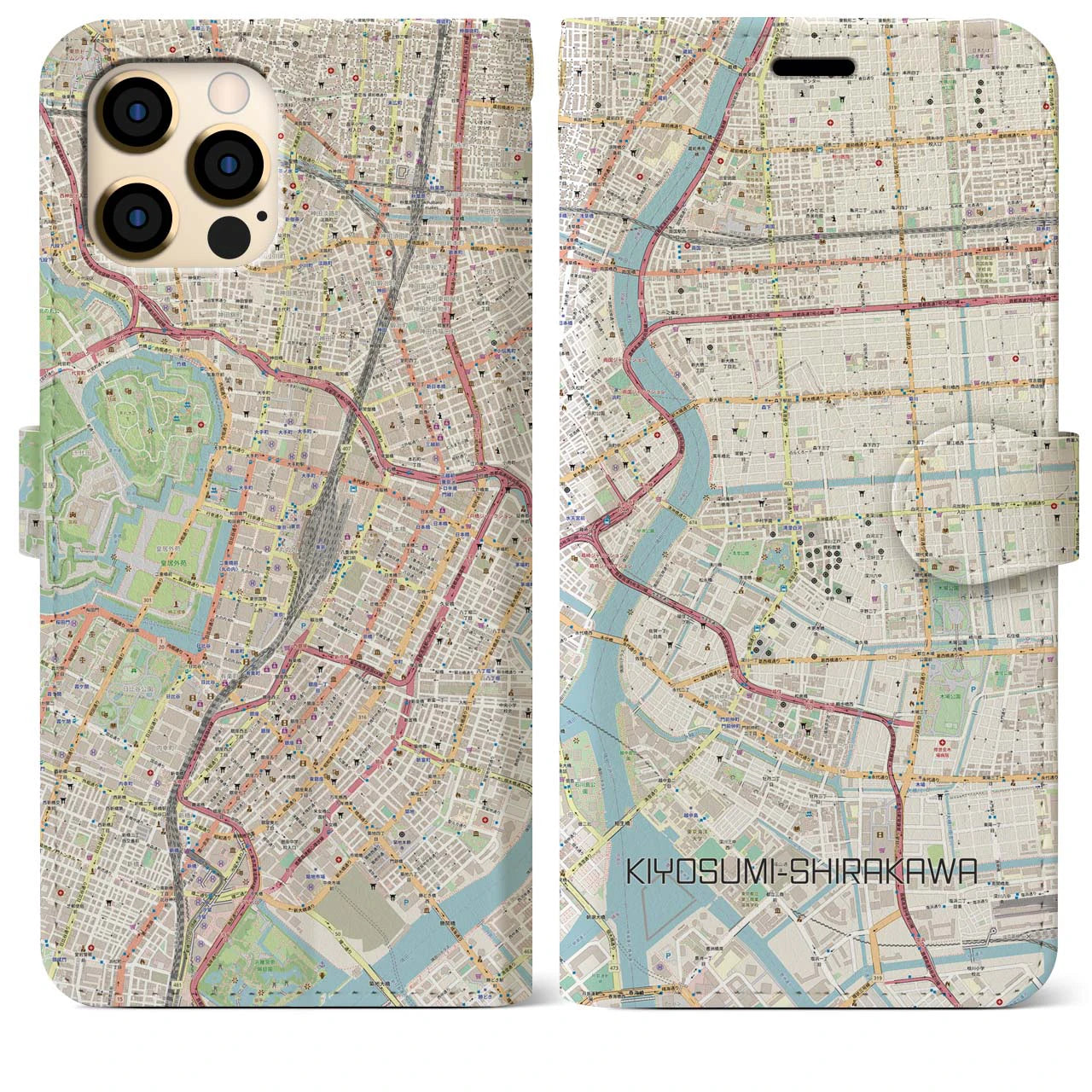 【清澄白河】地図柄iPhoneケース（手帳両面タイプ・ナチュラル）iPhone 12 Pro Max 用