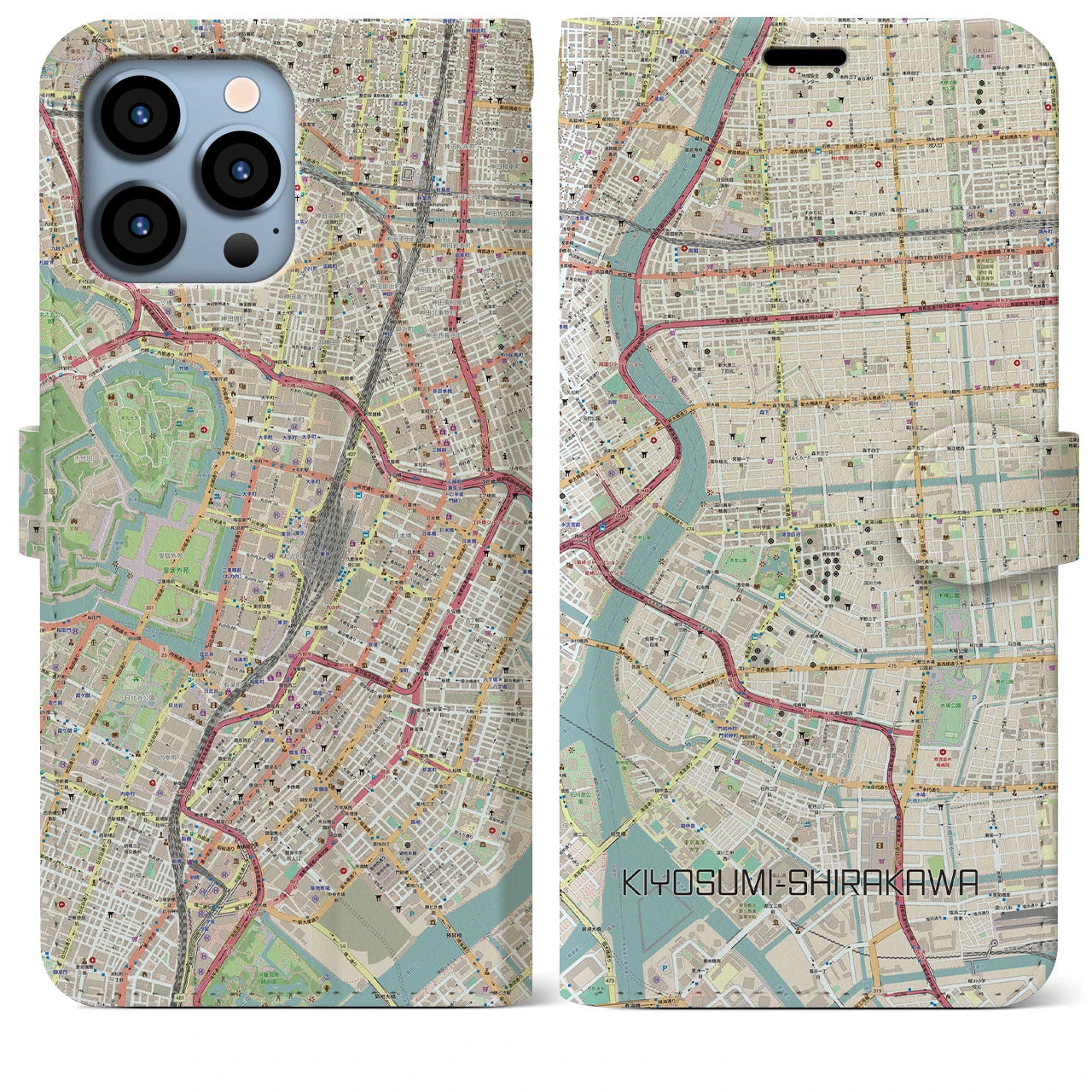 【清澄白河】地図柄iPhoneケース（手帳両面タイプ・ナチュラル）iPhone 13 Pro Max 用