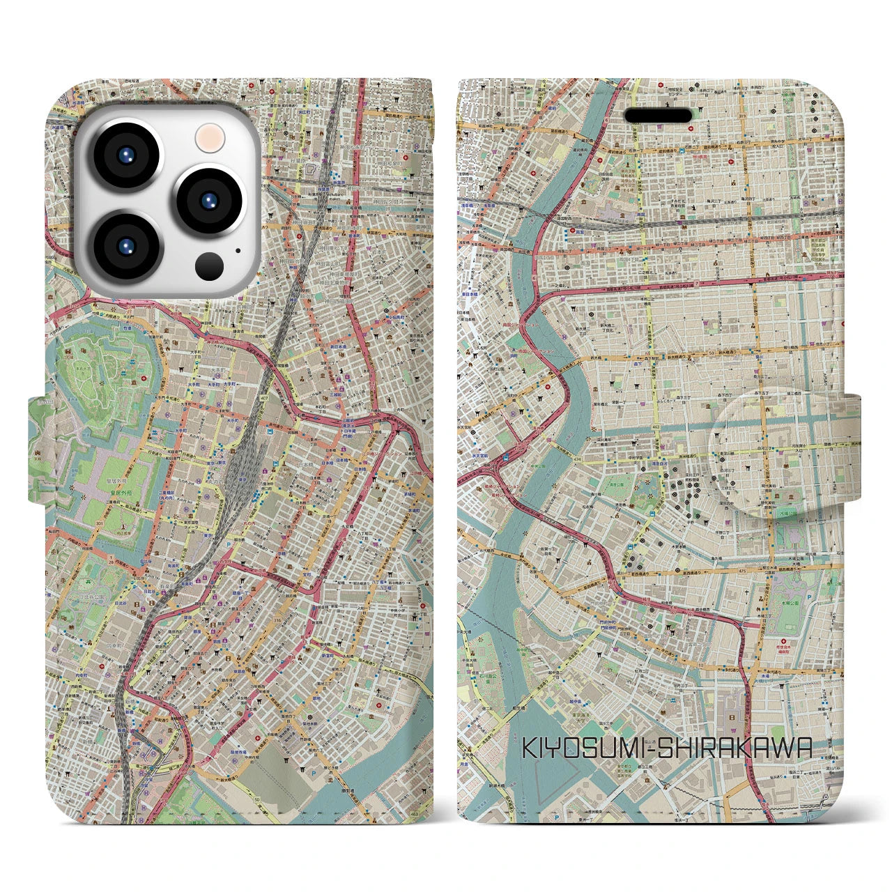 【清澄白河】地図柄iPhoneケース（手帳両面タイプ・ナチュラル）iPhone 13 Pro 用