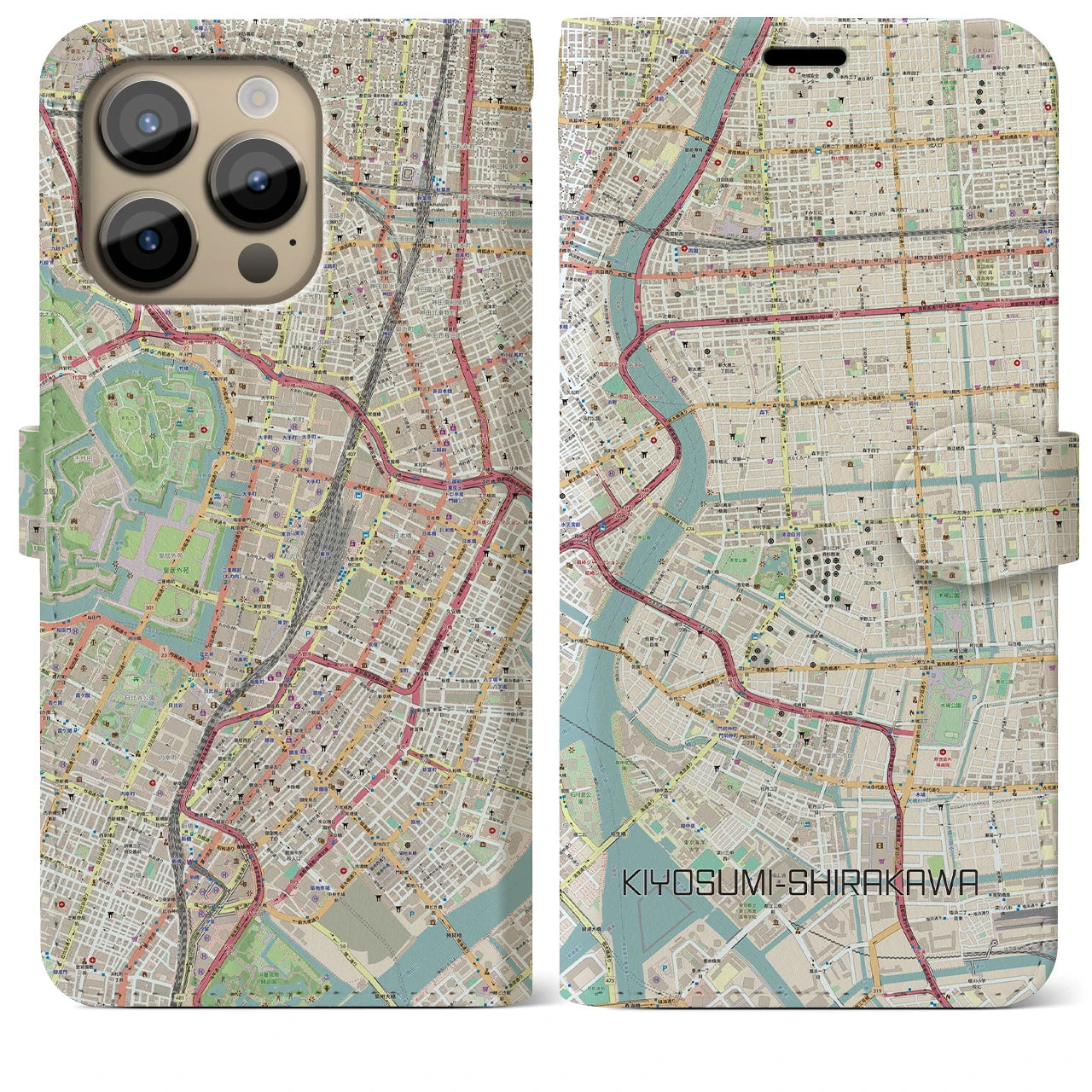 【清澄白河】地図柄iPhoneケース（手帳両面タイプ・ナチュラル）iPhone 14 Pro Max 用
