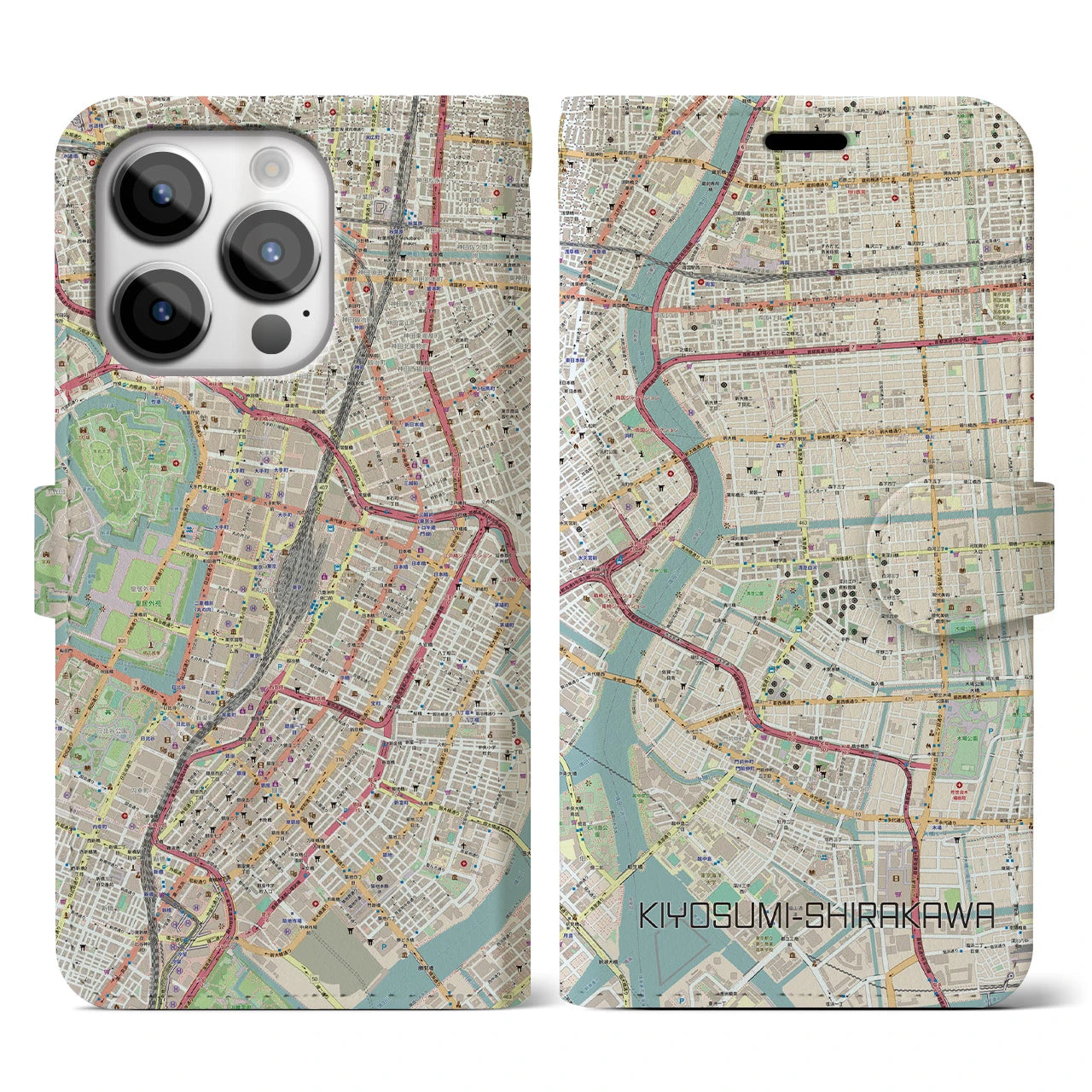 【清澄白河】地図柄iPhoneケース（手帳両面タイプ・ナチュラル）iPhone 14 Pro 用
