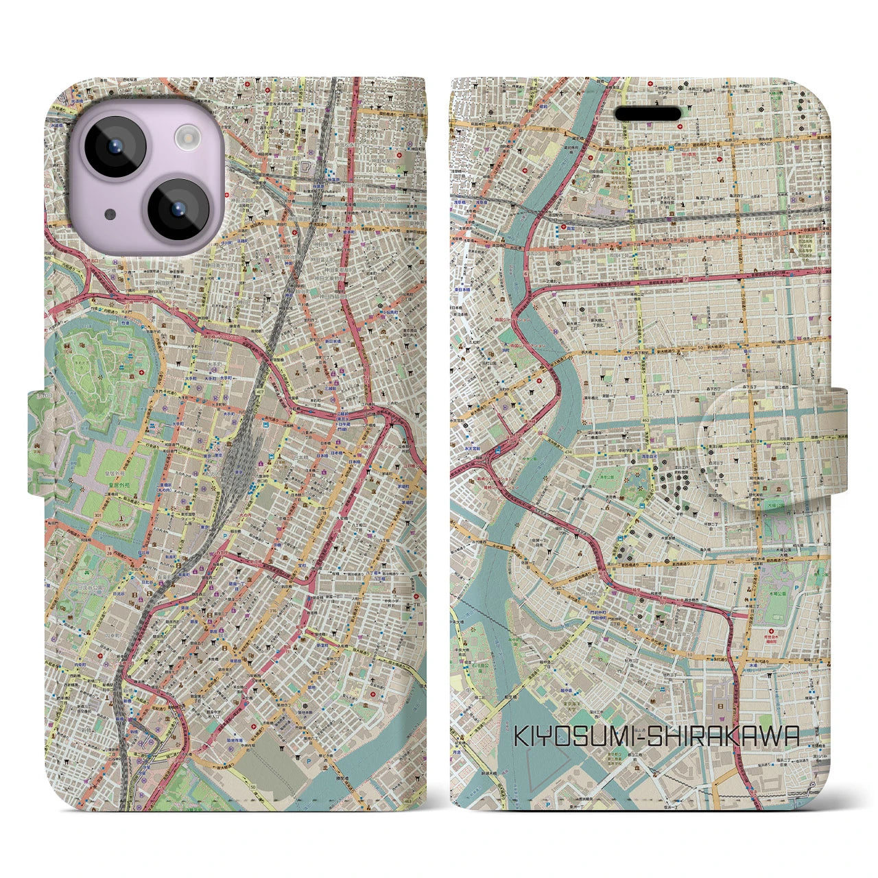 【清澄白河】地図柄iPhoneケース（手帳両面タイプ・ナチュラル）iPhone 14 用