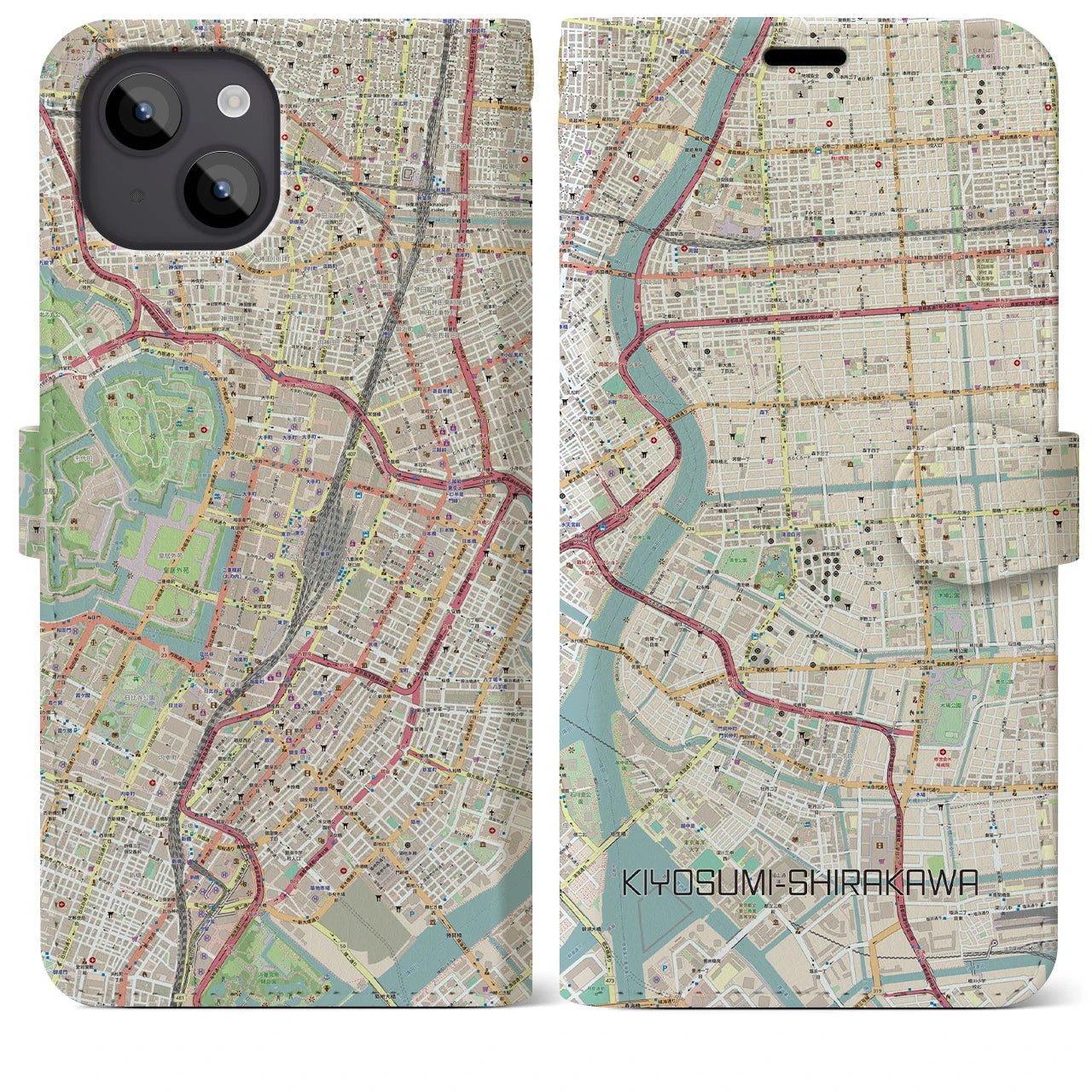 【清澄白河】地図柄iPhoneケース（手帳両面タイプ・ナチュラル）iPhone 14 Plus 用