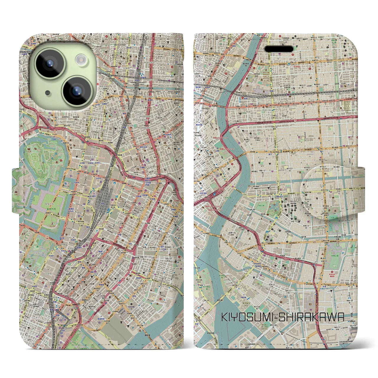 【清澄白河】地図柄iPhoneケース（手帳両面タイプ・ナチュラル）iPhone 15 用