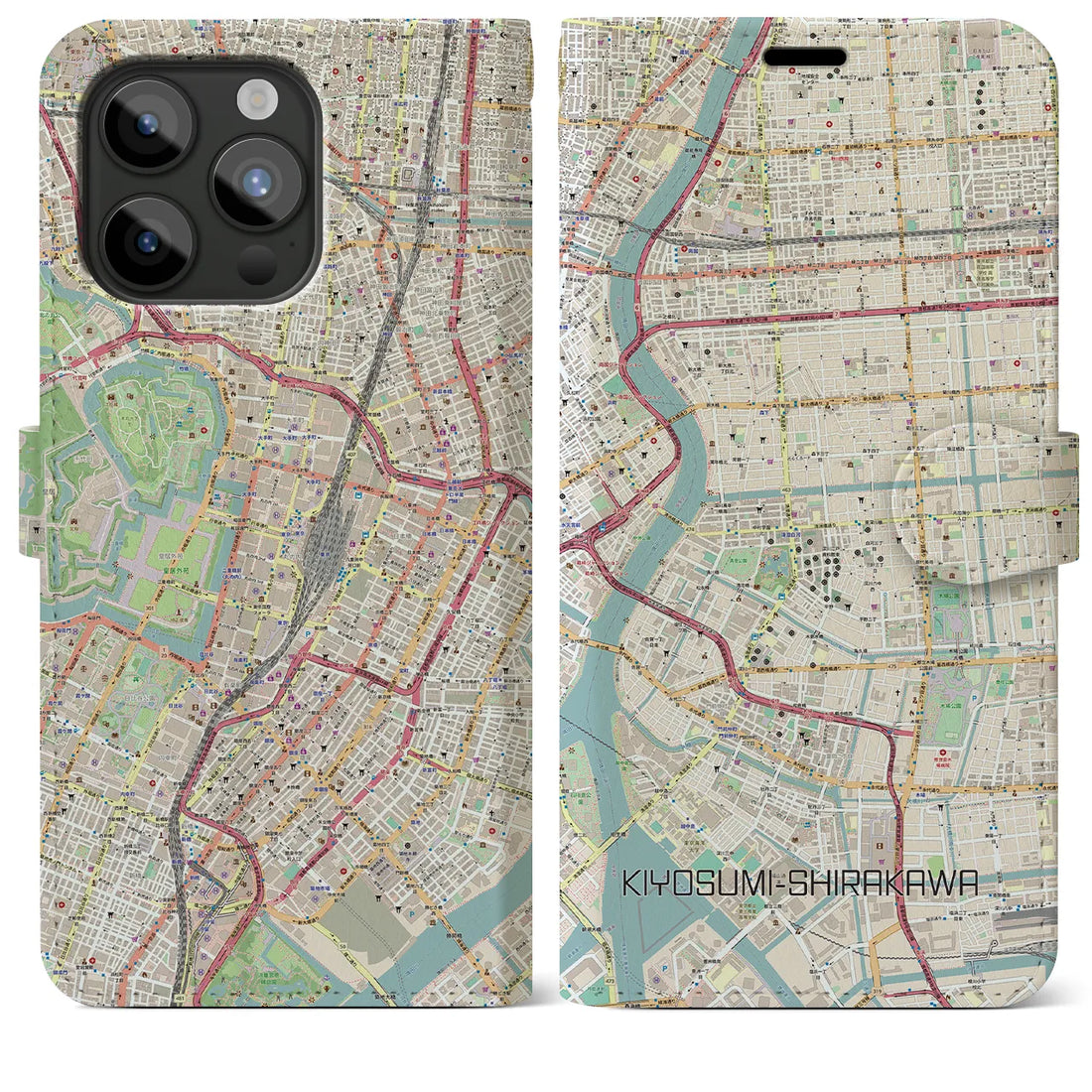 【清澄白河】地図柄iPhoneケース（手帳両面タイプ・ナチュラル）iPhone 15 Pro Max 用