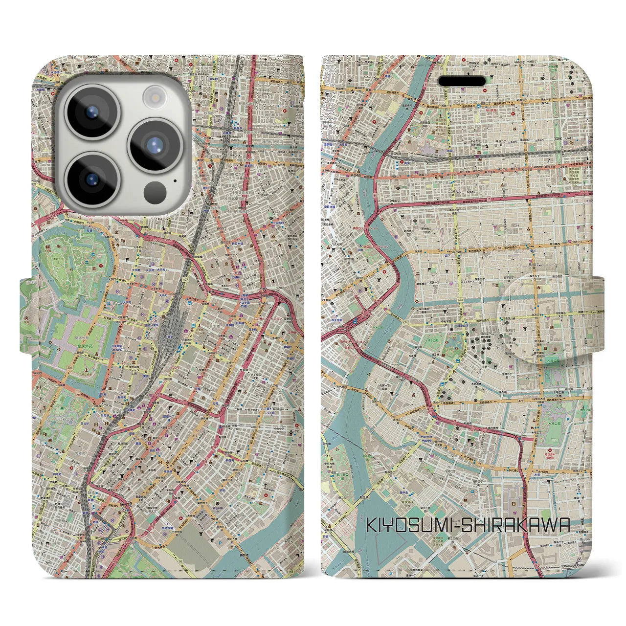【清澄白河】地図柄iPhoneケース（手帳両面タイプ・ナチュラル）iPhone 15 Pro 用