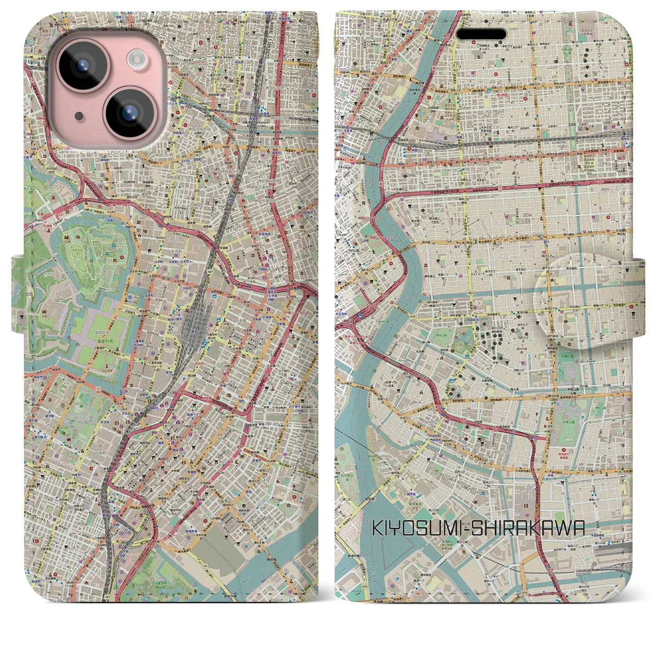 【清澄白河】地図柄iPhoneケース（手帳両面タイプ・ナチュラル）iPhone 15 Plus 用
