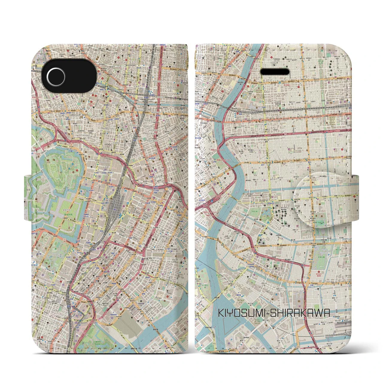 【清澄白河】地図柄iPhoneケース（手帳両面タイプ・ナチュラル）iPhone SE（第3 / 第2世代） / 8 / 7 / 6s / 6 用