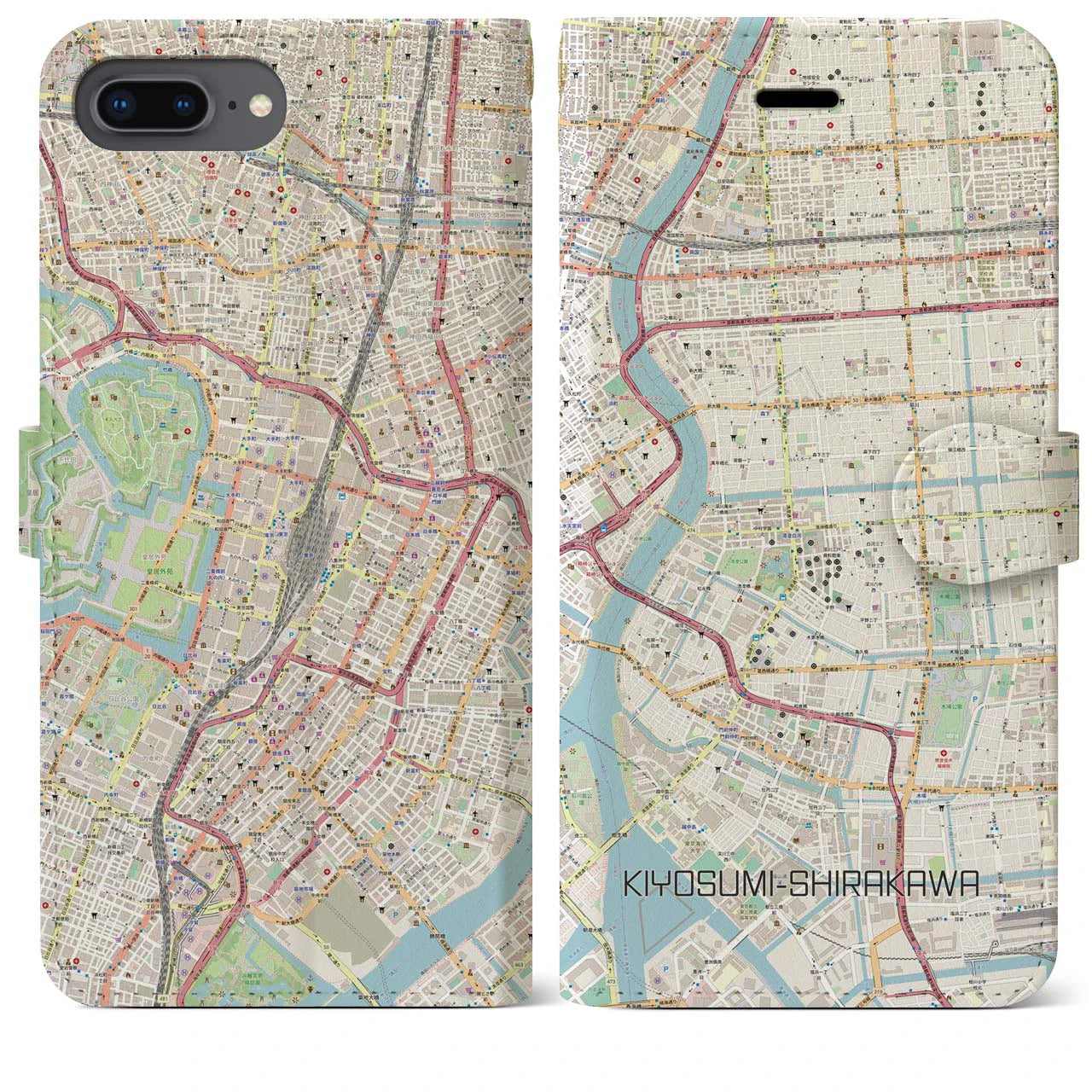 【清澄白河】地図柄iPhoneケース（手帳両面タイプ・ナチュラル）iPhone 8Plus /7Plus / 6sPlus / 6Plus 用