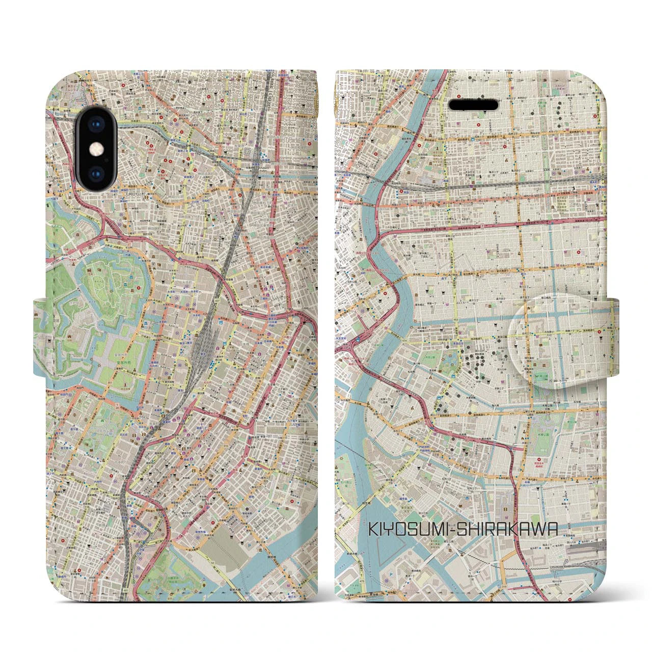 【清澄白河】地図柄iPhoneケース（手帳両面タイプ・ナチュラル）iPhone XS / X 用