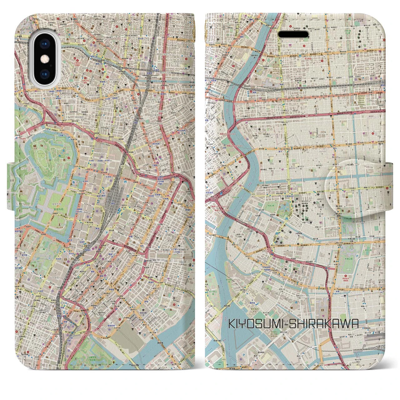 【清澄白河】地図柄iPhoneケース（手帳両面タイプ・ナチュラル）iPhone XS Max 用