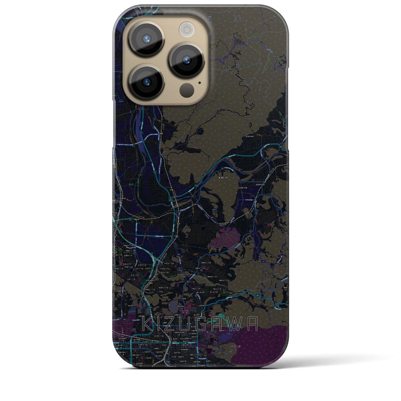 【木津川】地図柄iPhoneケース（バックカバータイプ・ブラック）iPhone 14 Pro Max 用