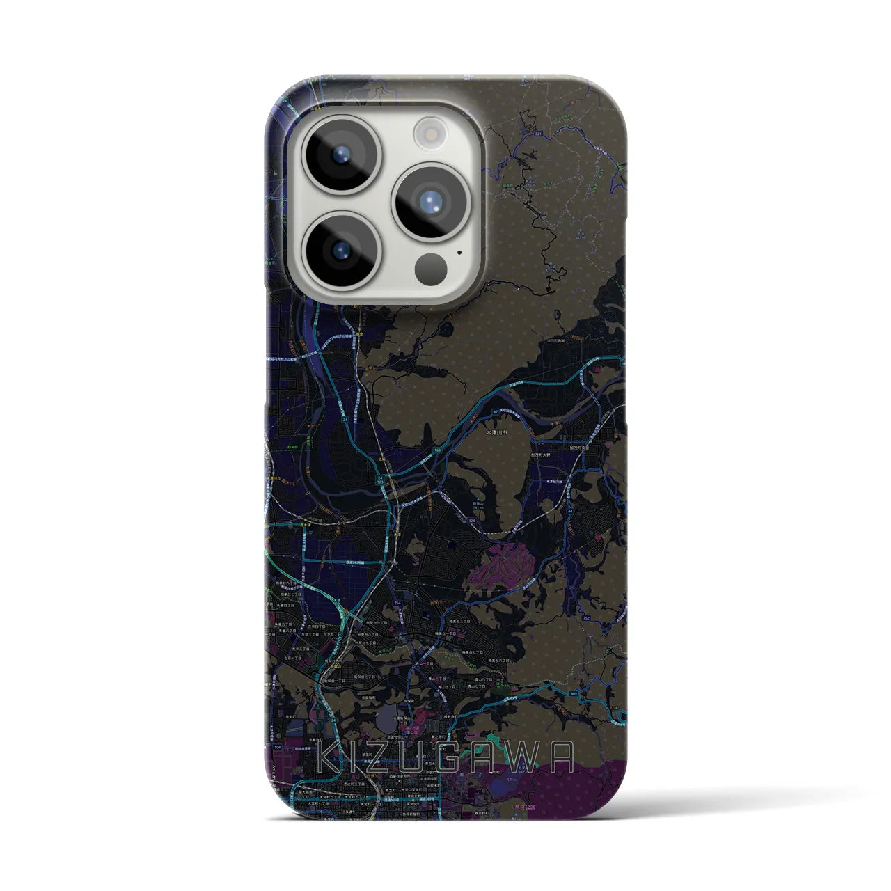 【木津川】地図柄iPhoneケース（バックカバータイプ・ブラック）iPhone 15 Pro 用