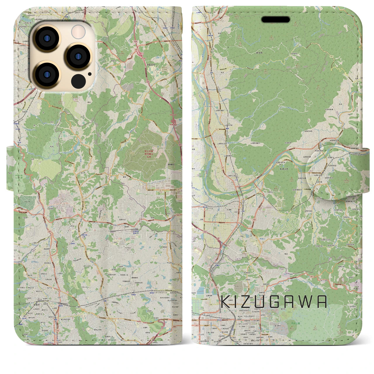 【木津川】地図柄iPhoneケース（手帳両面タイプ・ナチュラル）iPhone 12 Pro Max 用