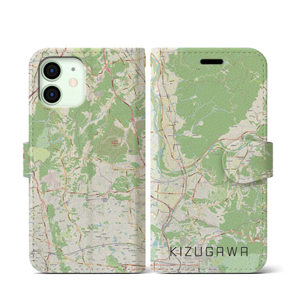 【木津川（京都府）】地図柄iPhoneケース（手帳タイプ）ナチュラル・iPhone 12 mini 用