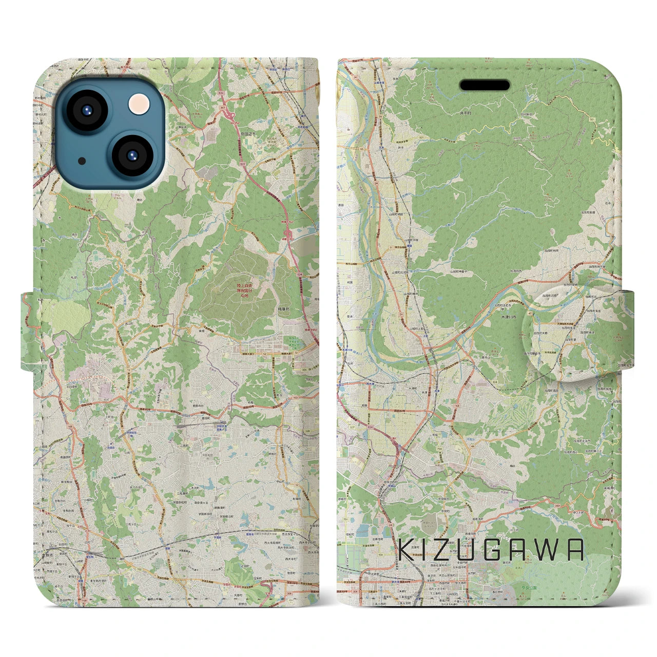 【木津川】地図柄iPhoneケース（手帳両面タイプ・ナチュラル）iPhone 13 用