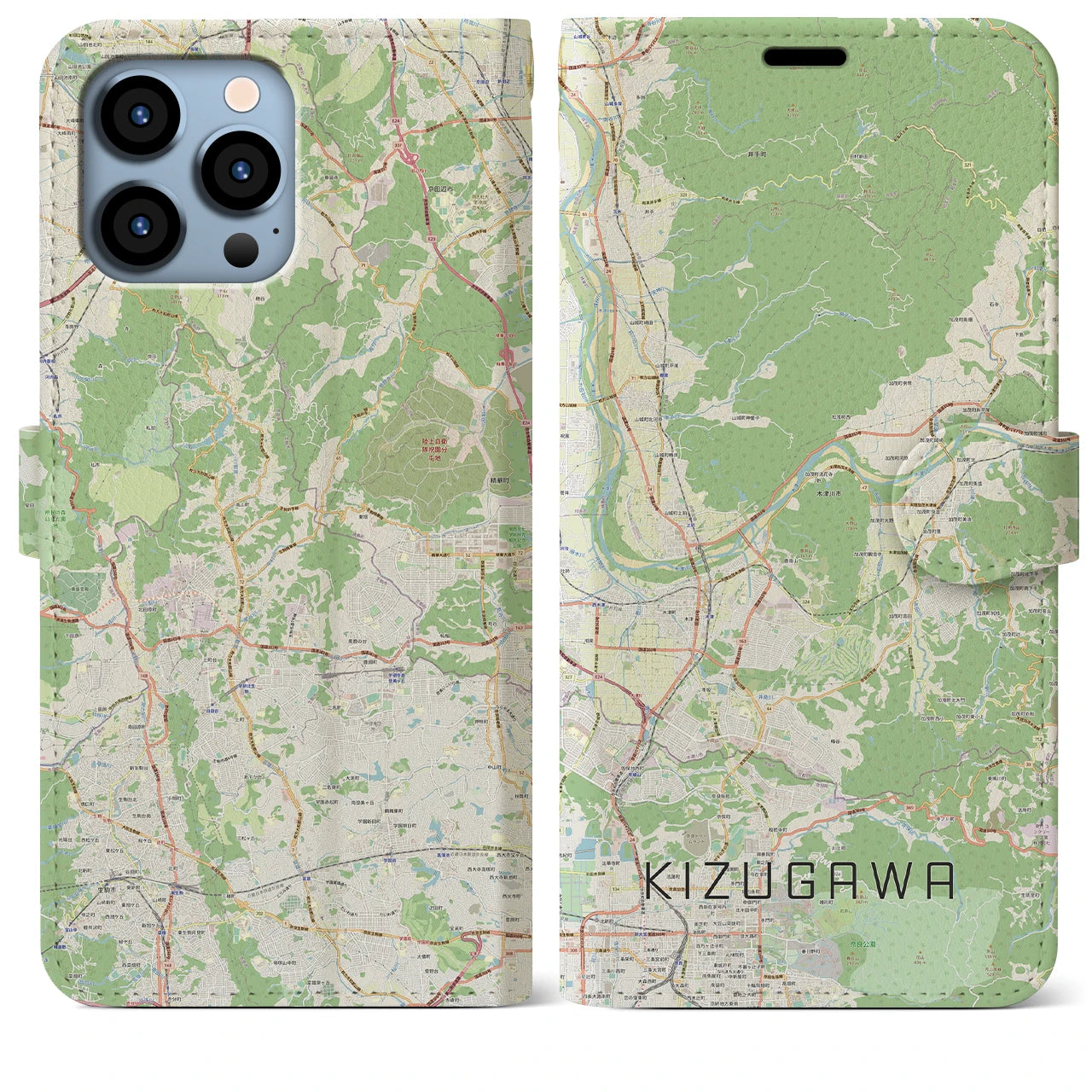 【木津川】地図柄iPhoneケース（手帳両面タイプ・ナチュラル）iPhone 13 Pro Max 用