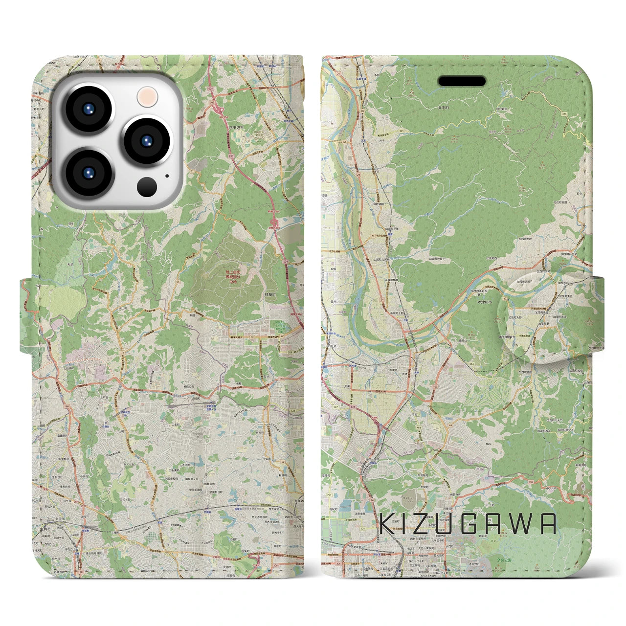 【木津川】地図柄iPhoneケース（手帳両面タイプ・ナチュラル）iPhone 13 Pro 用