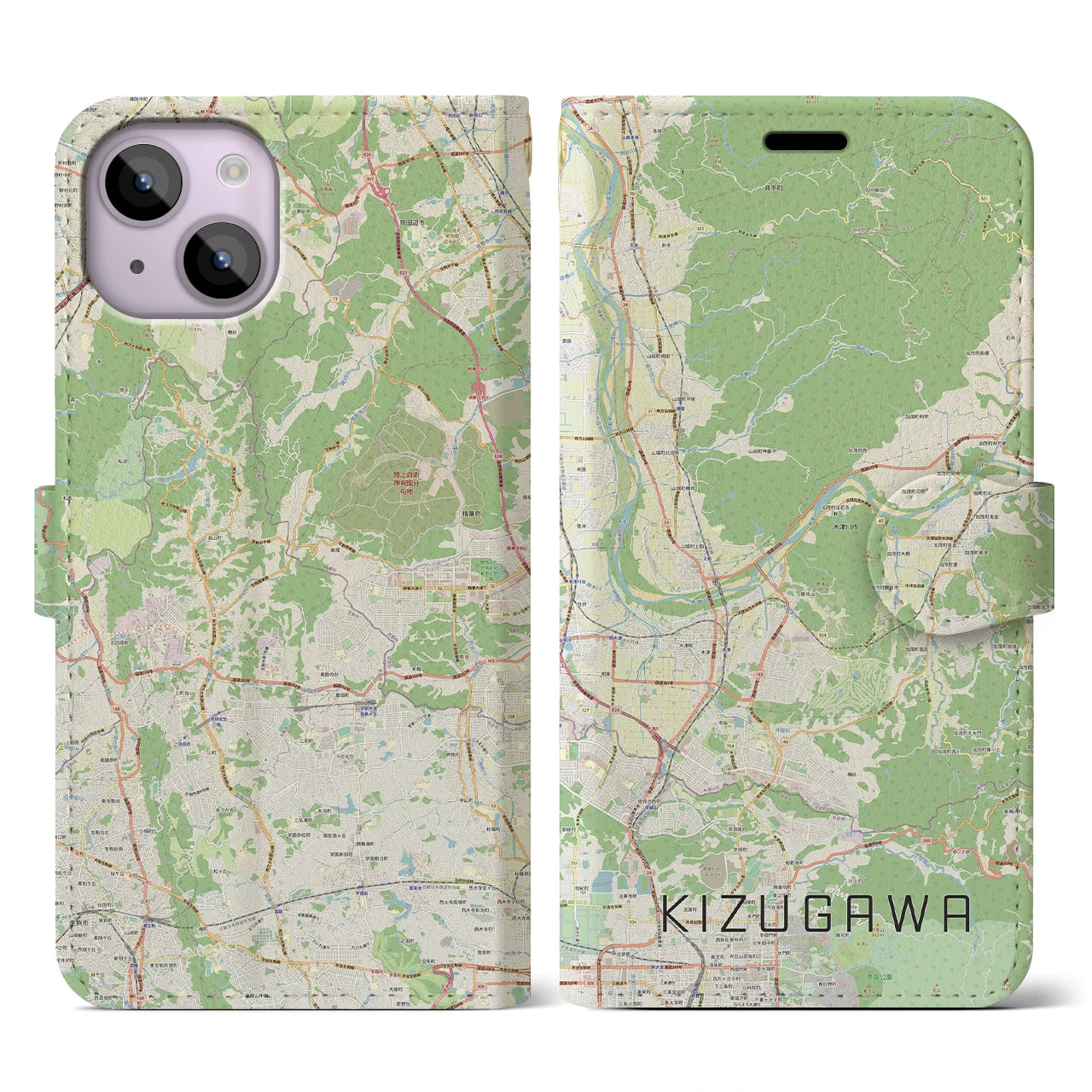 【木津川】地図柄iPhoneケース（手帳両面タイプ・ナチュラル）iPhone 14 用