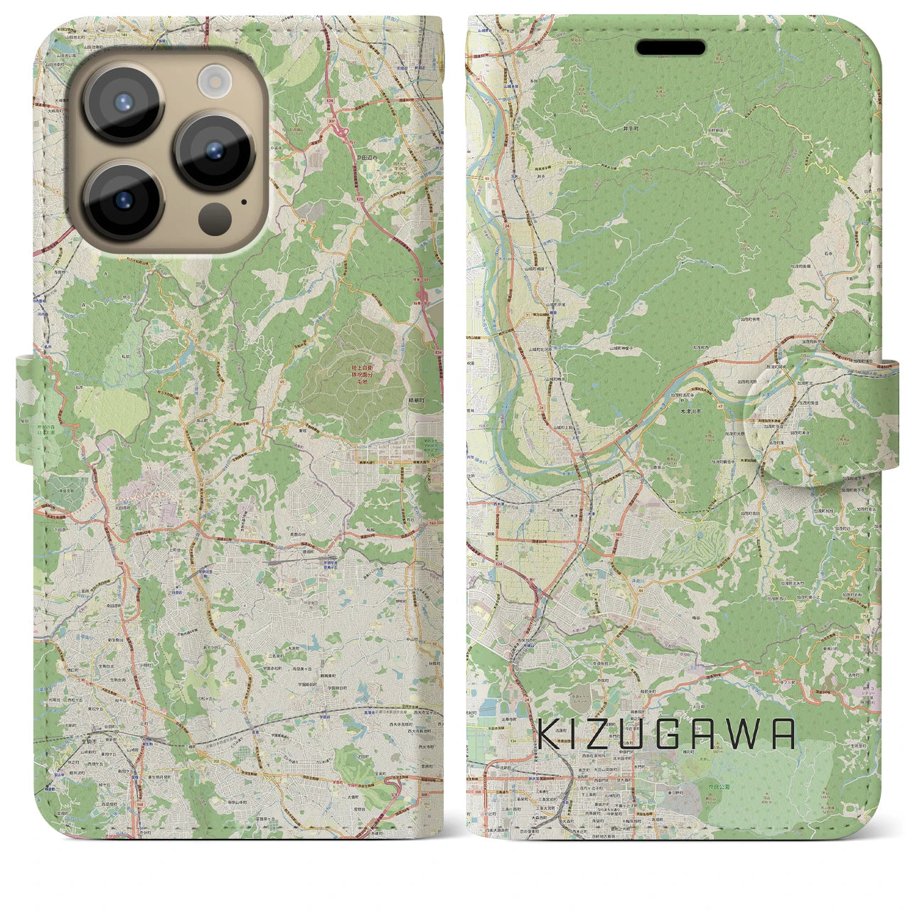 【木津川】地図柄iPhoneケース（手帳両面タイプ・ナチュラル）iPhone 14 Pro Max 用