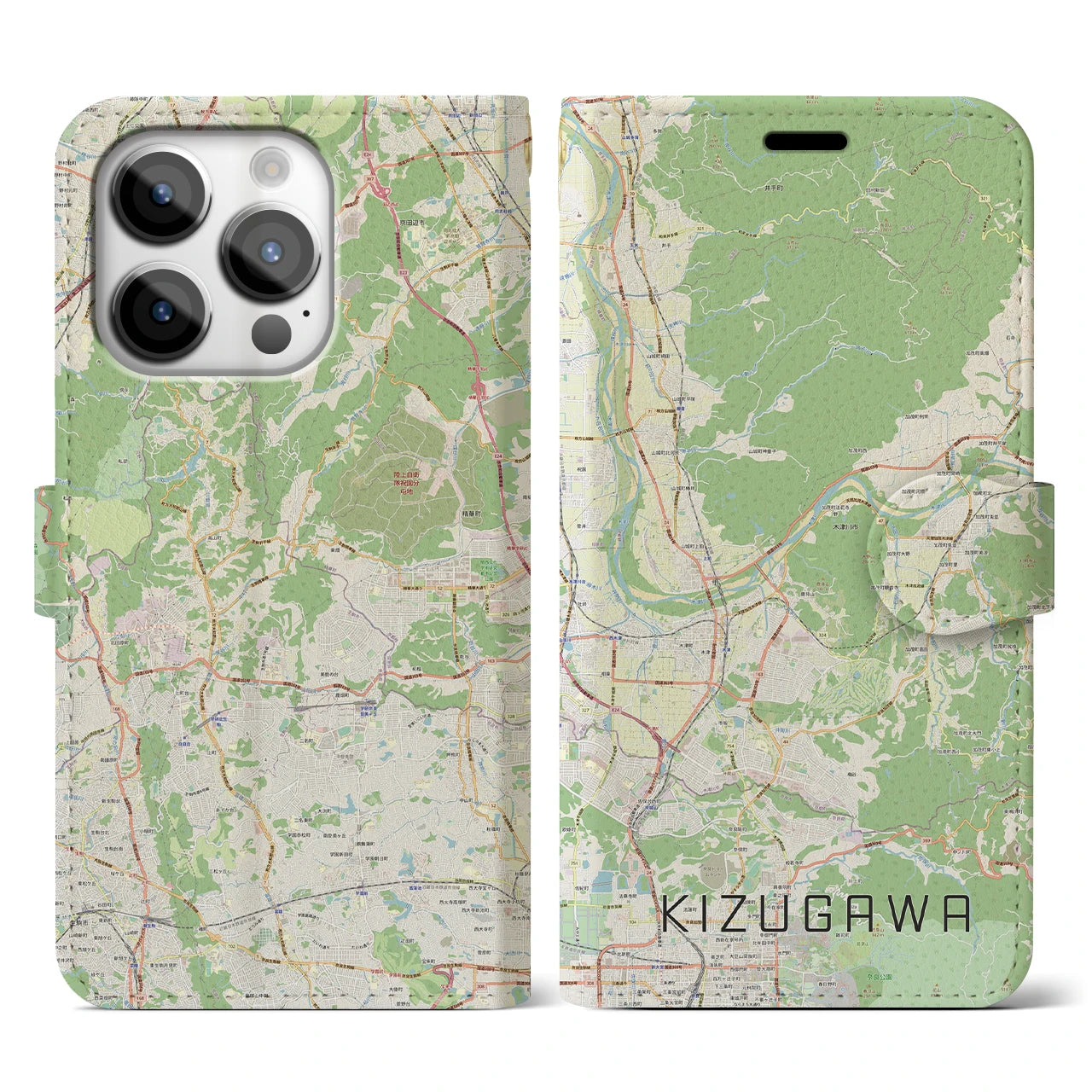 【木津川】地図柄iPhoneケース（手帳両面タイプ・ナチュラル）iPhone 14 Pro 用