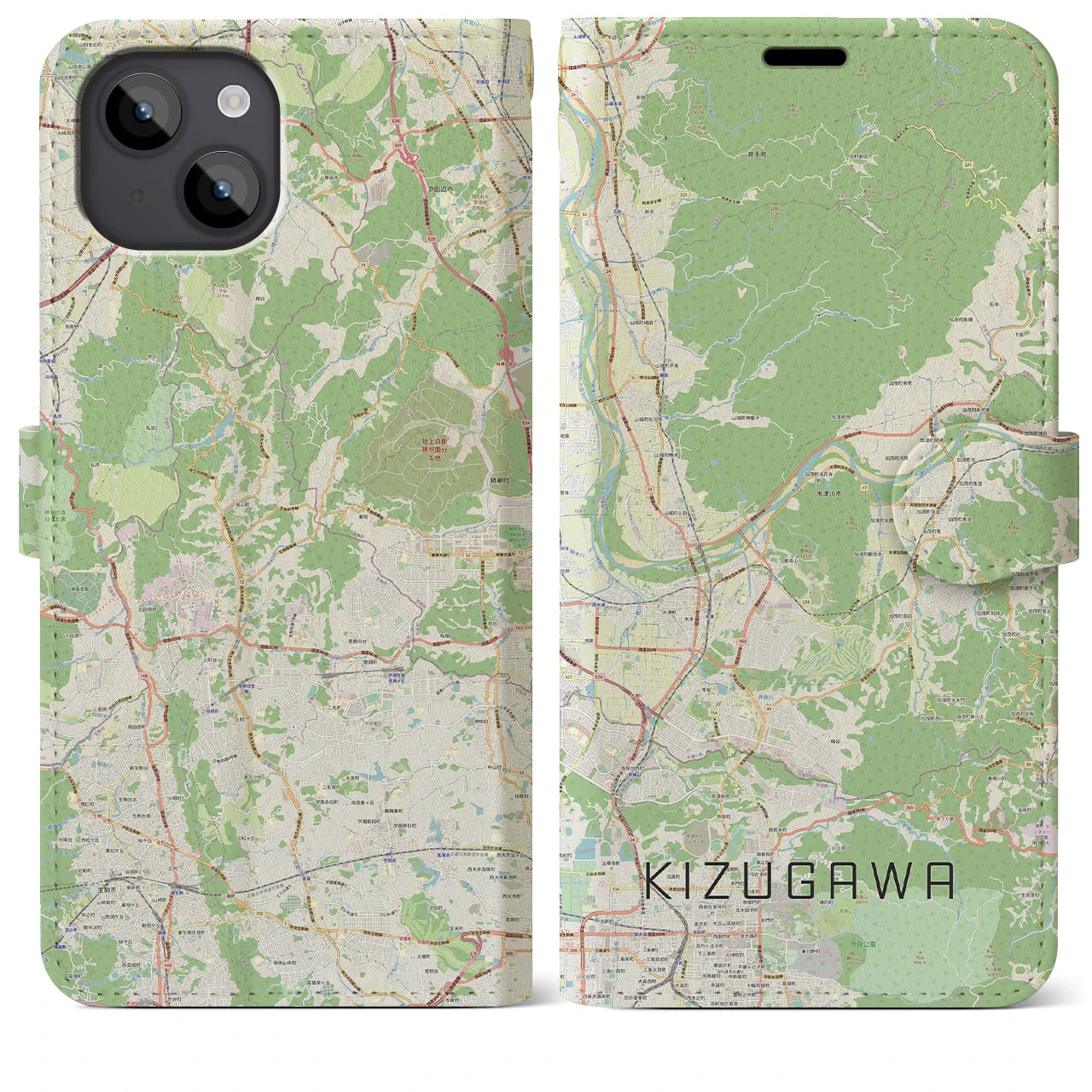 【木津川】地図柄iPhoneケース（手帳両面タイプ・ナチュラル）iPhone 14 Plus 用