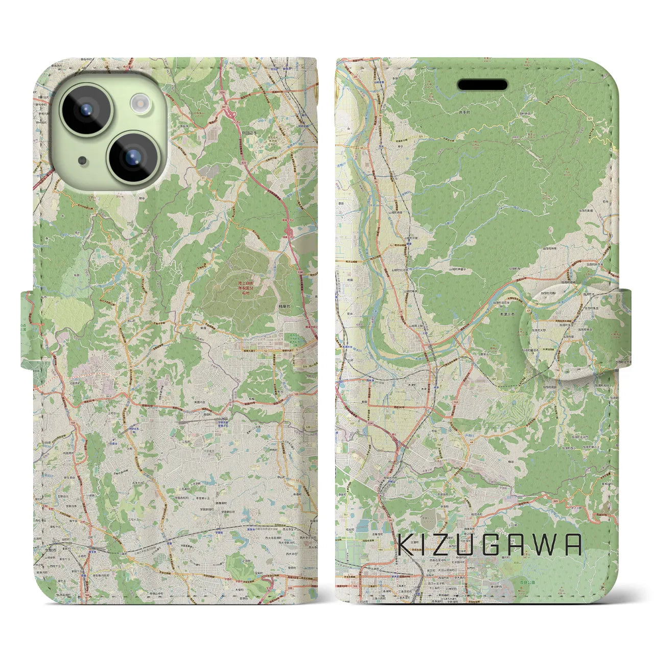 【木津川】地図柄iPhoneケース（手帳両面タイプ・ナチュラル）iPhone 15 用