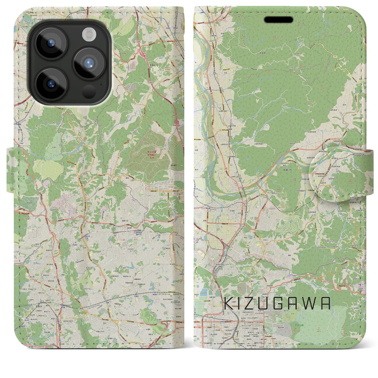 【木津川】地図柄iPhoneケース（手帳両面タイプ・ナチュラル）iPhone 15 Pro Max 用