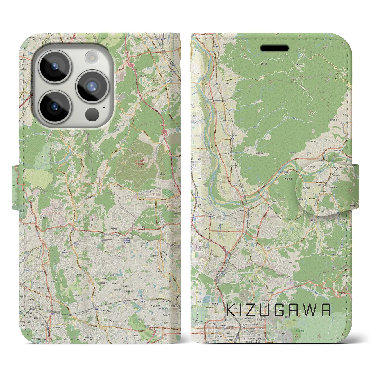 【木津川】地図柄iPhoneケース（手帳両面タイプ・ナチュラル）iPhone 15 Pro 用