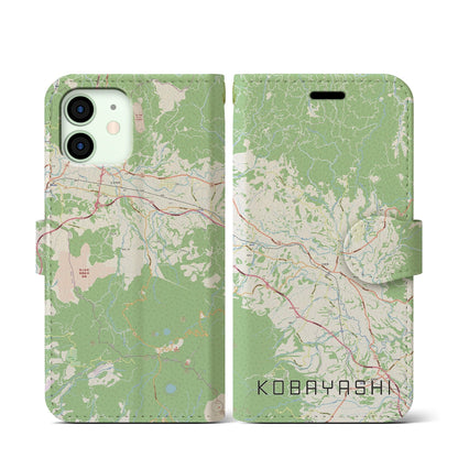 【小林（宮崎県）】地図柄iPhoneケース（手帳タイプ）ナチュラル・iPhone 12 mini 用