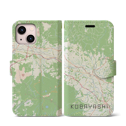 【小林（宮崎県）】地図柄iPhoneケース（手帳タイプ）ナチュラル・iPhone 13 mini 用