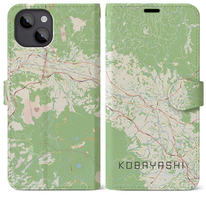 【小林（宮崎県）】地図柄iPhoneケース（手帳タイプ）ナチュラル・iPhone 14 Plus 用