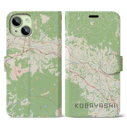 【小林（宮崎県）】地図柄iPhoneケース（手帳タイプ）ナチュラル・iPhone 15 用