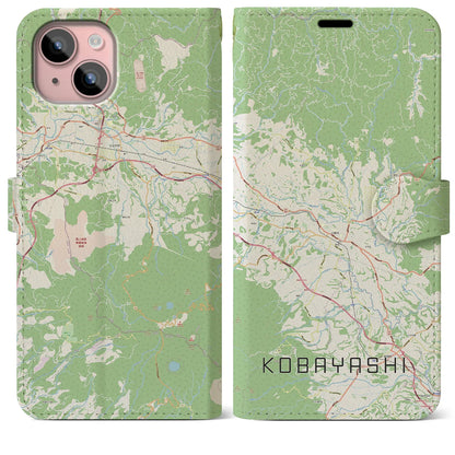 【小林（宮崎県）】地図柄iPhoneケース（手帳タイプ）ナチュラル・iPhone 15 Plus 用