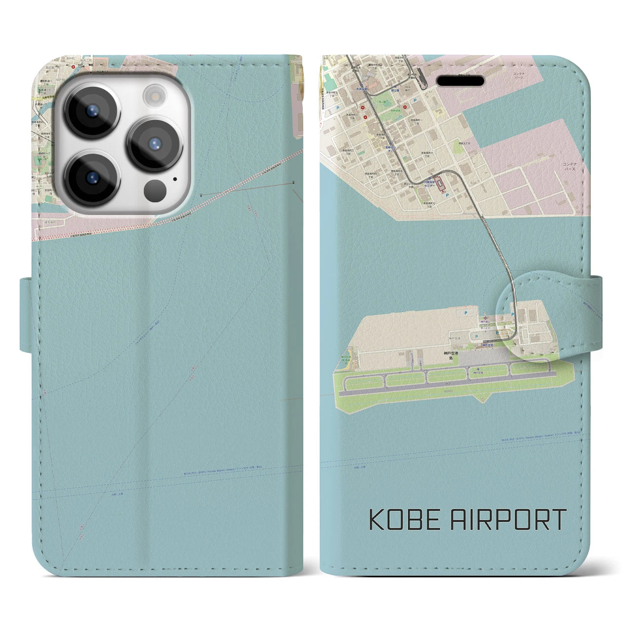 【神戸空港】地図柄iPhoneケース（手帳両面タイプ・ナチュラル）iPhone 14 Pro 用
