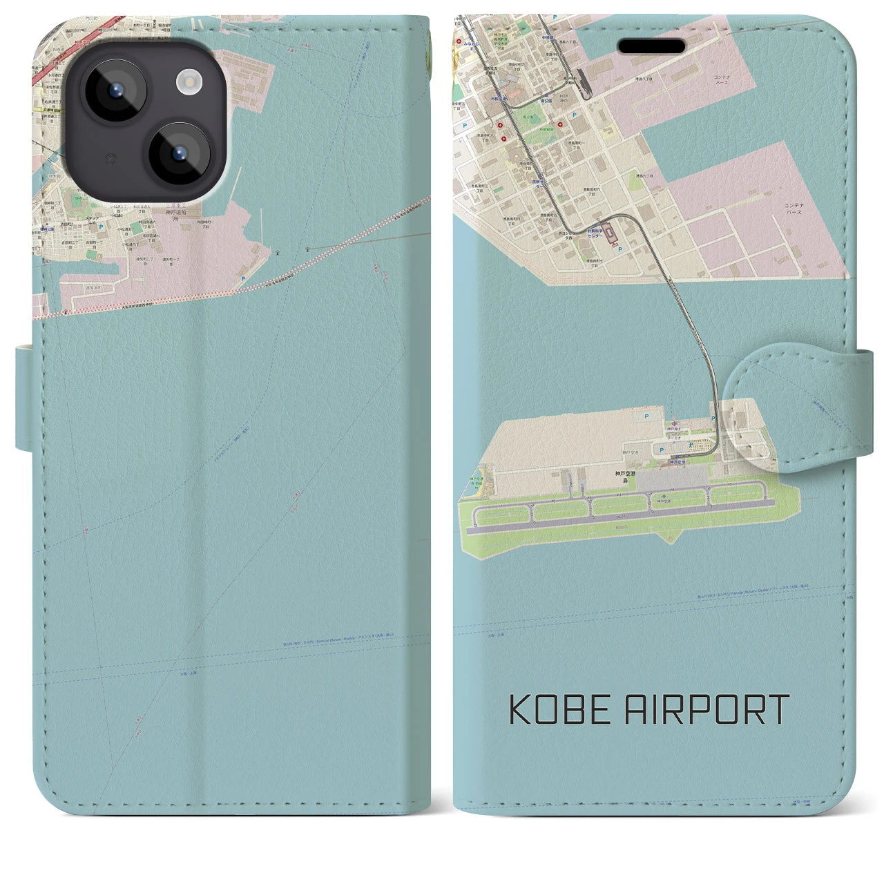 【神戸空港】地図柄iPhoneケース（手帳両面タイプ・ナチュラル）iPhone 14 Plus 用