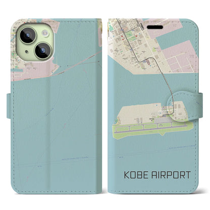 【神戸空港（兵庫県）】地図柄iPhoneケース（手帳タイプ）ナチュラル・iPhone 15 用
