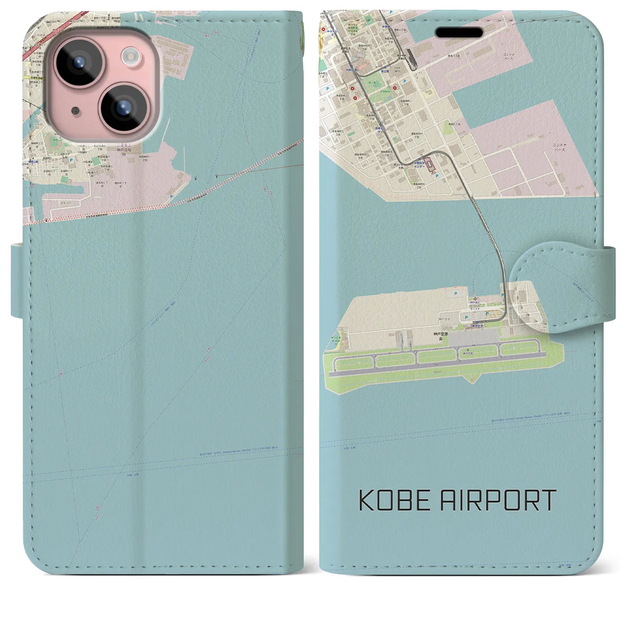 【神戸空港】地図柄iPhoneケース（手帳両面タイプ・ナチュラル）iPhone 15 Plus 用