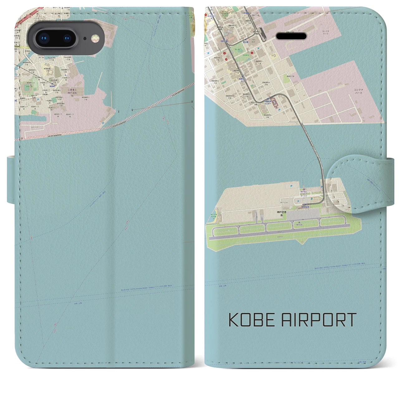 【神戸空港】地図柄iPhoneケース（手帳両面タイプ・ナチュラル）iPhone 8Plus /7Plus / 6sPlus / 6Plus 用