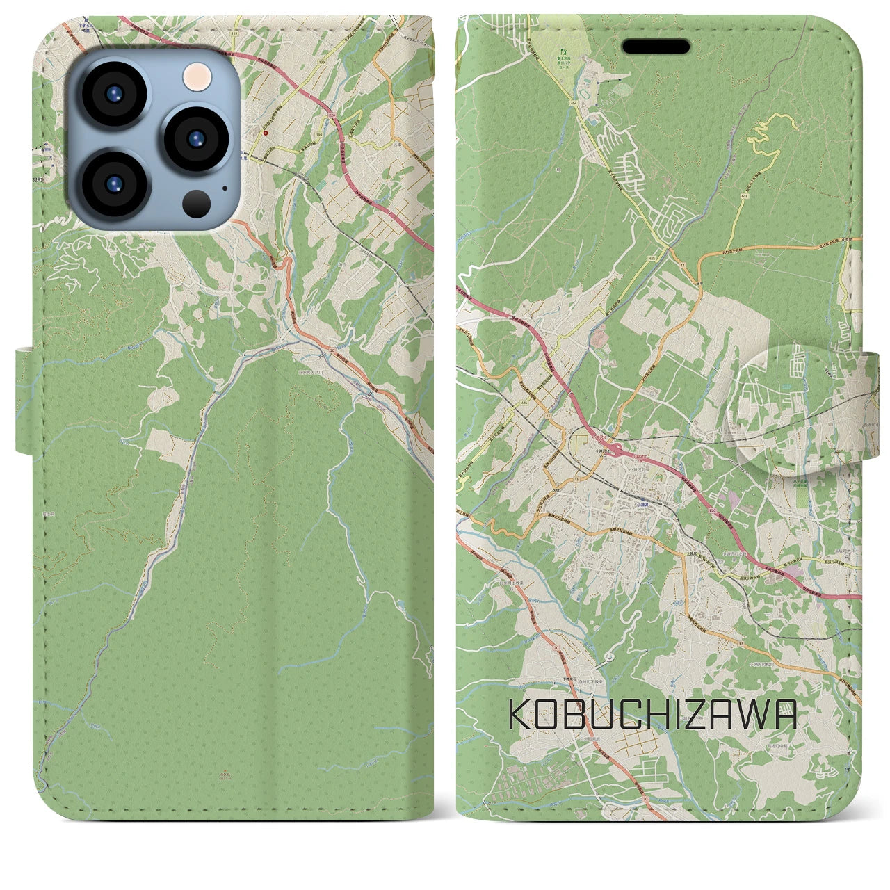 【小淵沢】地図柄iPhoneケース（手帳両面タイプ・ナチュラル）iPhone 13 Pro Max 用