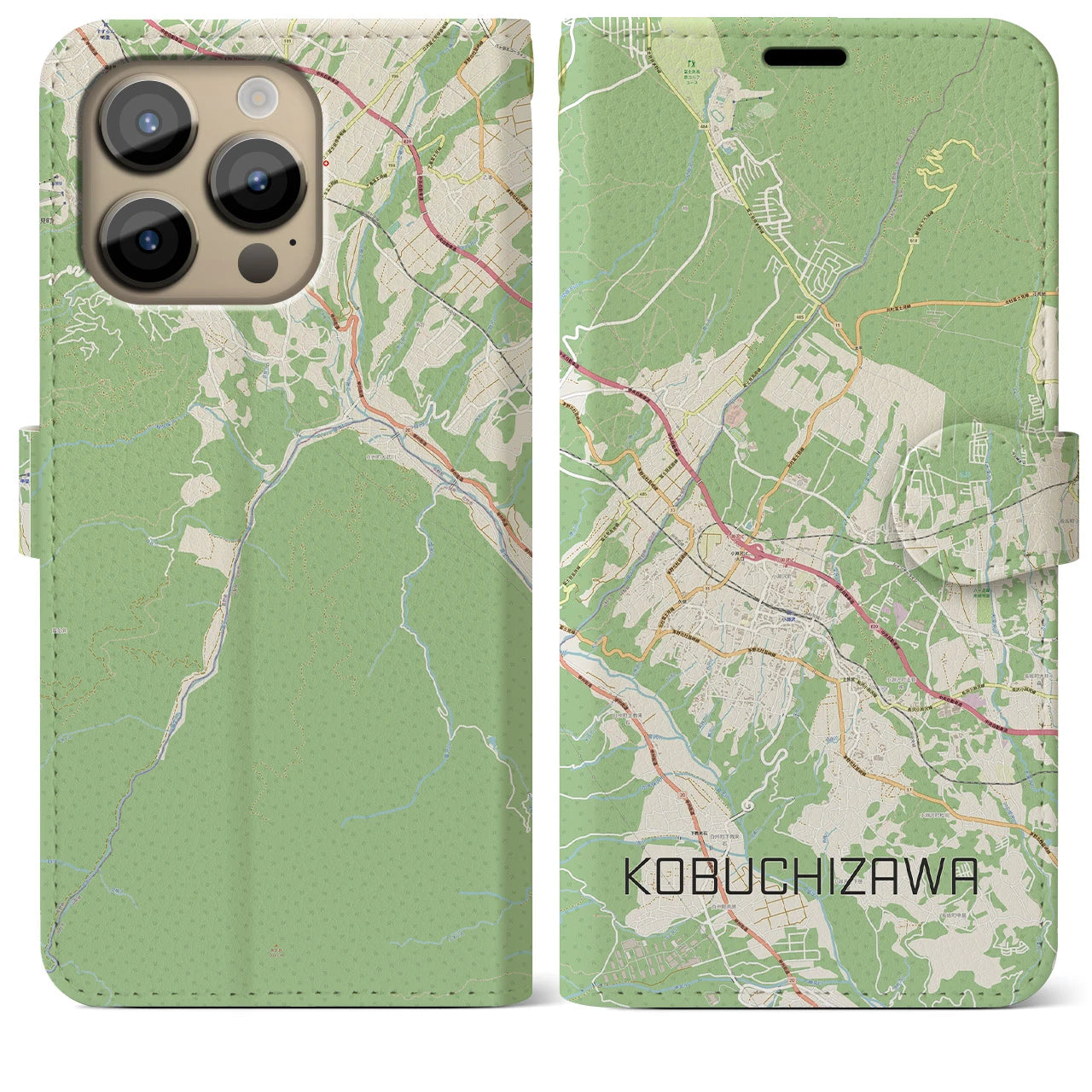 【小淵沢】地図柄iPhoneケース（手帳両面タイプ・ナチュラル）iPhone 14 Pro Max 用