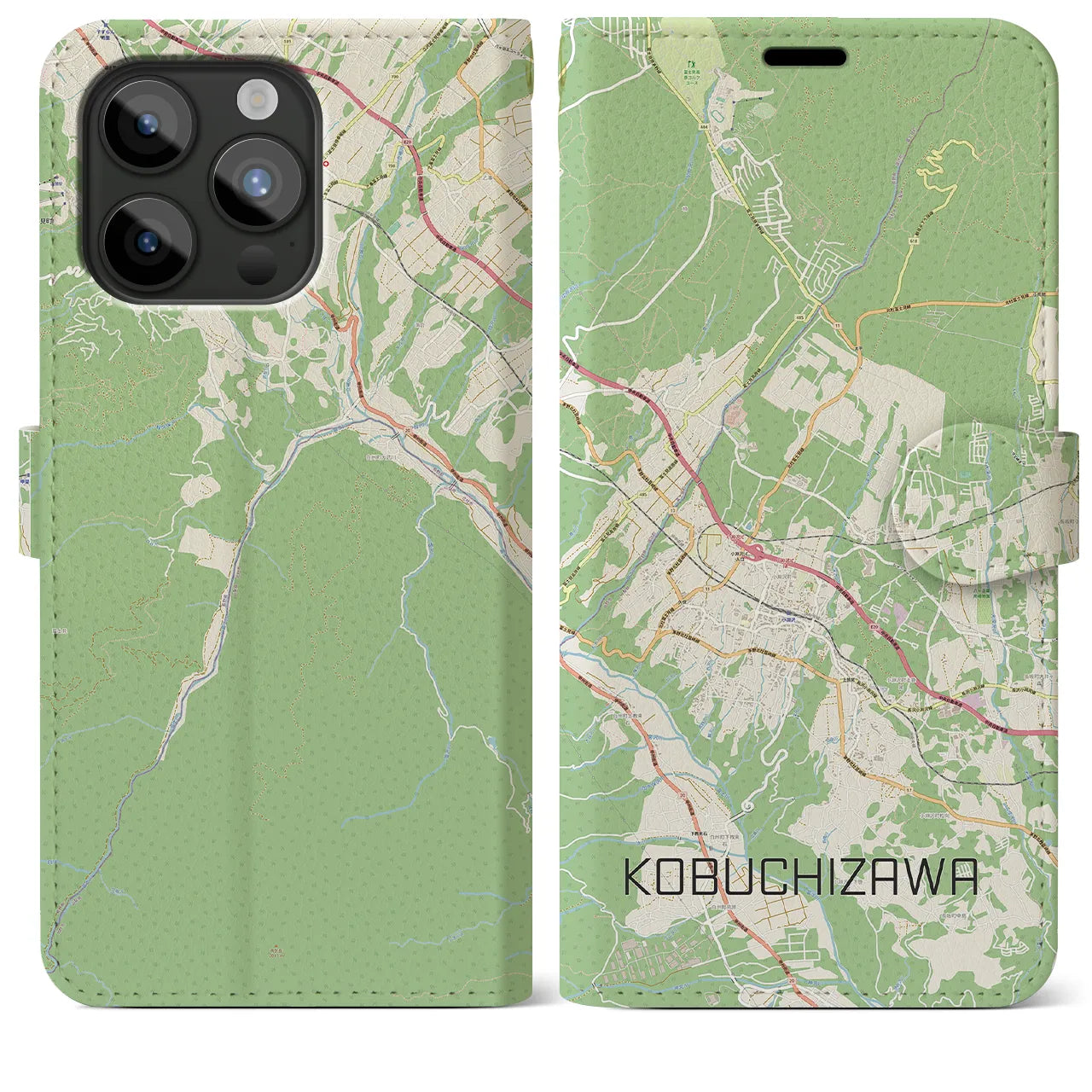 【小淵沢】地図柄iPhoneケース（手帳両面タイプ・ナチュラル）iPhone 15 Pro Max 用