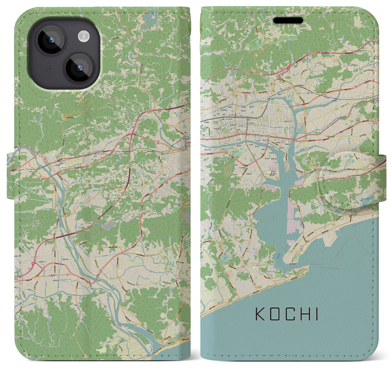 【高知】地図柄iPhoneケース（手帳両面タイプ・ナチュラル）iPhone 14 Plus 用