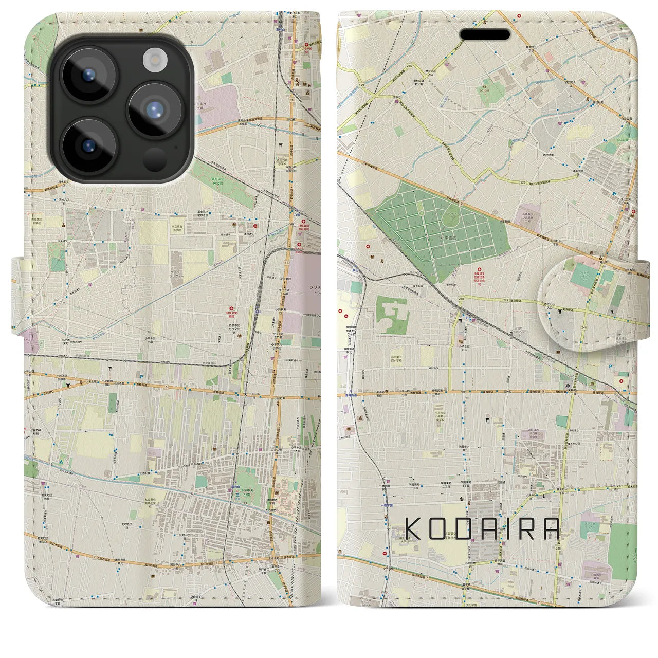 【小平】地図柄iPhoneケース（手帳両面タイプ・ナチュラル）iPhone 15 Pro Max 用