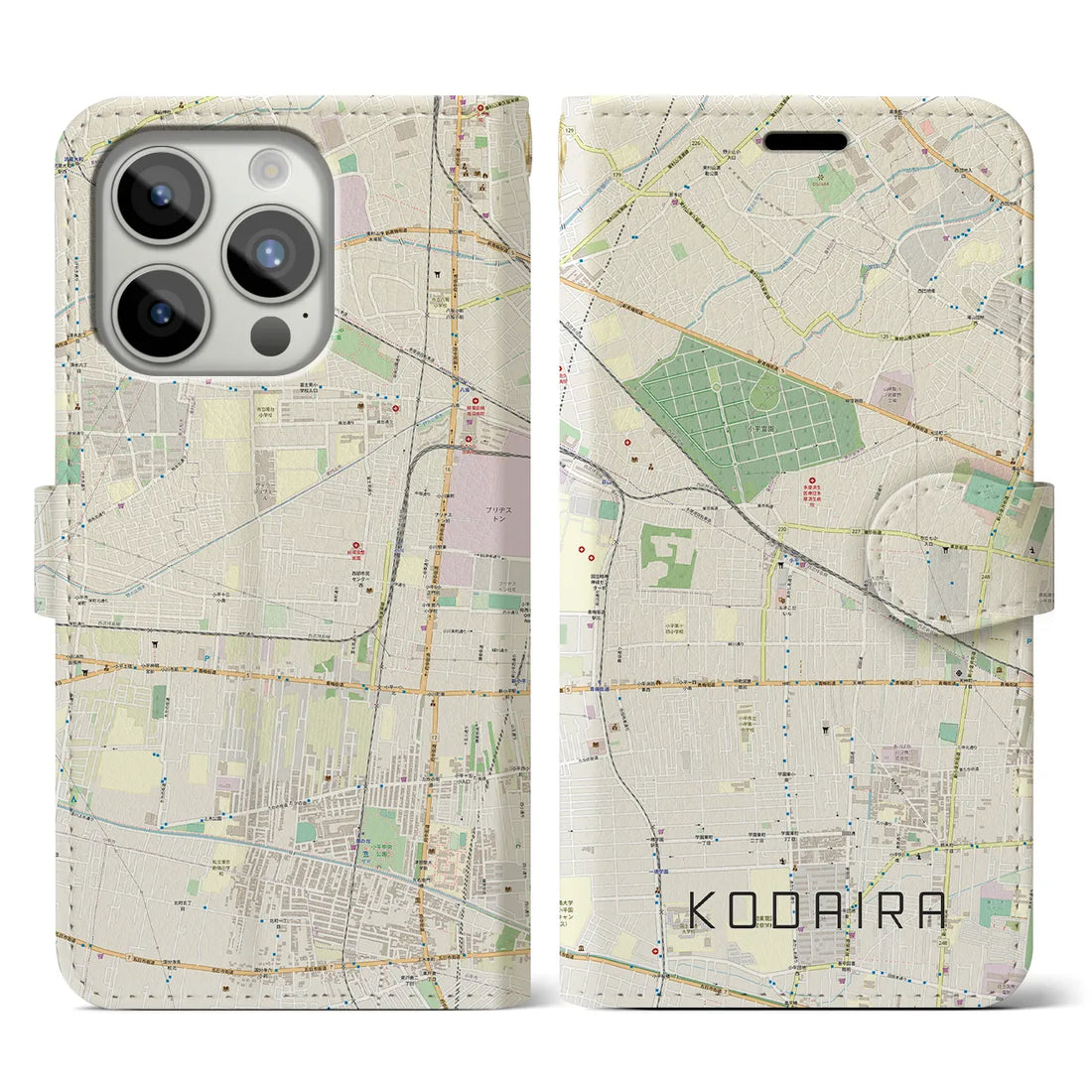 【小平】地図柄iPhoneケース（手帳両面タイプ・ナチュラル）iPhone 15 Pro 用